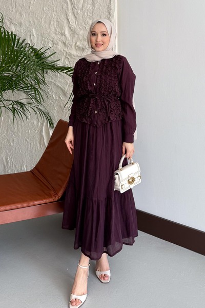 Rimel Moda Sevde Güpürlü Takım Mürdüm