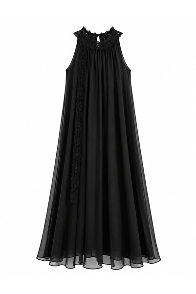Laluvia Black Collared Lace Long Dress - 3438