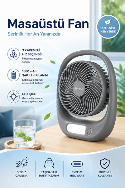 Merwish Masaüstü Vantilatör 3 Kademeli 1800mAh Şarjlı LED Işıklı Taşınabilir Ev Ofis Vantilatör
