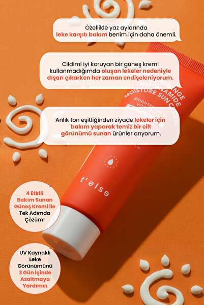 T'else Aydınlatıcı ve Ton Eşitleyici Güneş Kremi TELSE Red Orange Niacinamide Moisture Sun Cream SPF50+