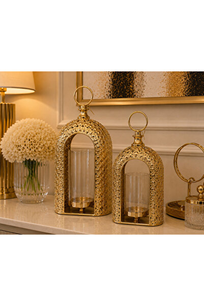 Hinora Gold Metal Desenli 2Li Dekoratif Şık Hediyelik Şamdan 28-35cm