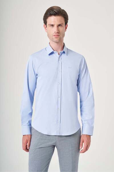 İmza Blue Hard Collar Long Sleeve Pocketless Slim Fit Cotton Shirt 1004260213