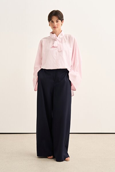 EBU Prive Women's Draped Pleated Detailed Trousers Dark Navy Blue