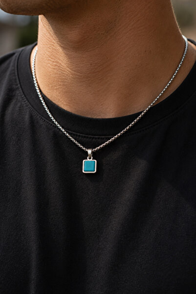 laria jewelry Blue Square Stone Steel Necklace