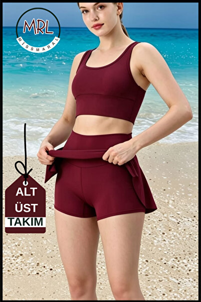 missmaral Kadın Bordo Şortlu Mayo Takımı İçten Boxerlı 2 Katmanlı Cepli Göğüs Pedli Toparlayıcı