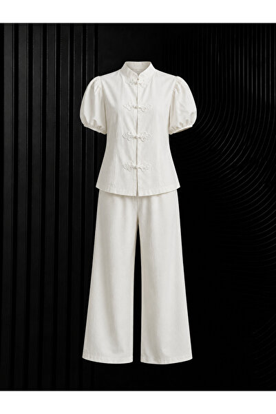 studio fashion 1988 طقم بتصميم أكمام بالون وياقة هاكيم مصنوع من القطن والكتان...