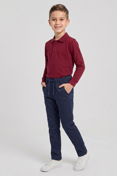 nacar çarşı Boys' Burgundy Long Sleeve Polo Collar T-Shirt Navy Blue Ribbed W...