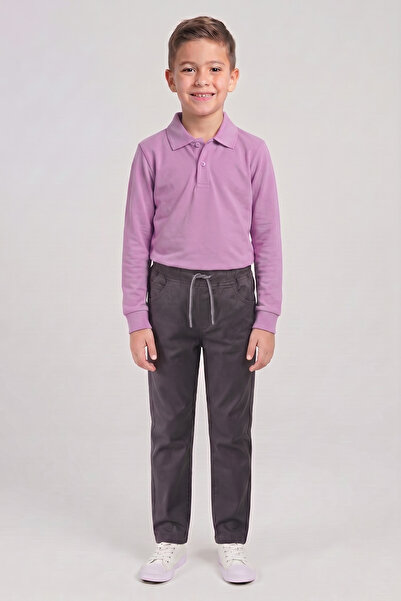 nacar çarşı Boys' Lilac Long Sleeve Polo Collar T-Shirt Smoked Ribbed Waist C...