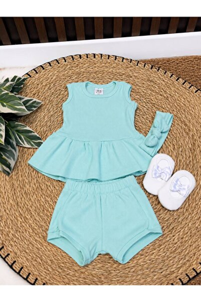 ŞAPKAKİDS Water Green Ribbed Bandanali Shorts Set and White Ballet Socks Set