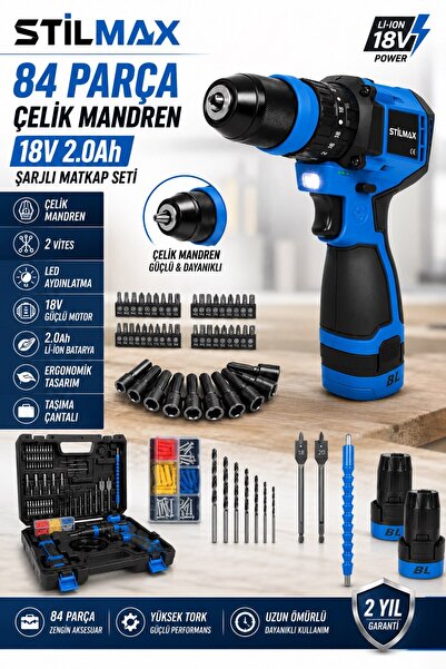 stilmax 18V Brushless Şarjlı Matkap Seti | 84 Parça Çelik Mandren | Çift Akül...