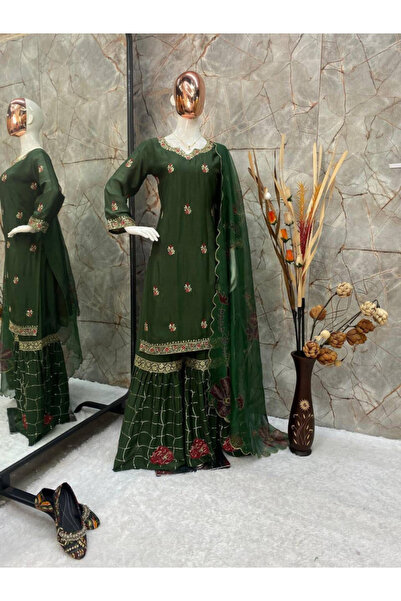 MYSMAR .Green Chinon Embroidered Sharara Suit Set - HRT7222 | Green-Size:M-38...