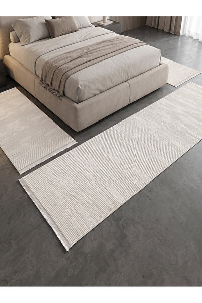 bergama home Modern Dokuma Kabartmalı Yatak Odası Halı Seti - 3'lü Beyaz Yoll...