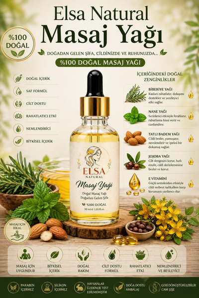 Doğal Masaj Yağı 30 ml | Biberiye Yağı, Nane Yağı, Tatlı Badem Yağı, Jojoba Yağı ve E Vitamini