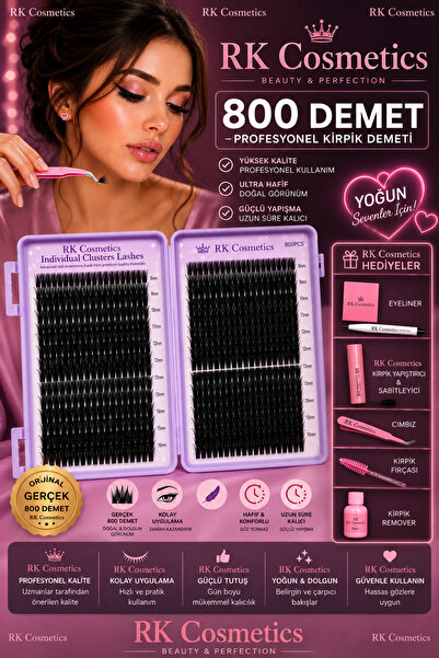RK Cosmetic Takma Kirpik Seti 800 Demet Kirpik Yapıştırıcı ve Sabitleyici Cım...