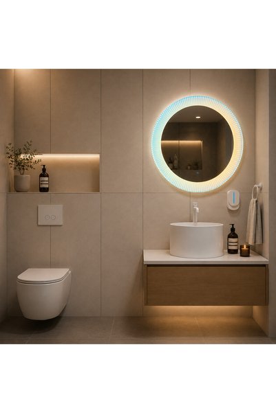 Alessandro DESIGN Oglinda LED FISHMAN Rotunda, 70cm, Ramă din acrilic cu efect irizat, Senzor, Lumina 3000K, 4000K, 6000K, Sistem Dezaburire, Acrilic, Functii Ceas si Temperatura