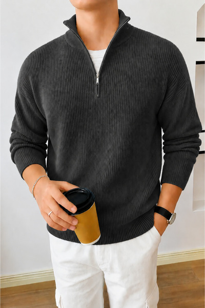 oneoff Men's Premium Half-Zip Ribbed Knit Sweater