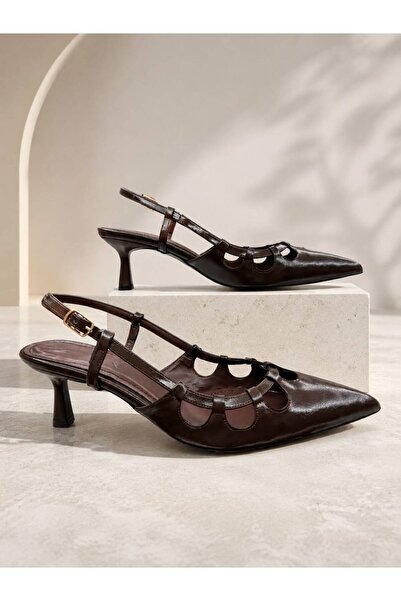 FİORE WOMEN Women's Brown Drop Window Slingback Pointed Toe Short Heeled Casu...