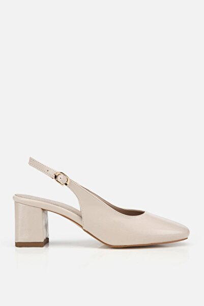 Yaya by Hotiç Women's Beige Patent Leather Open-Back Thick Heeled Shoes