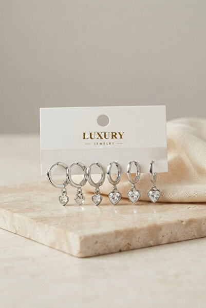 evimdeyokyok Heart Zircon Stone Silver Color Brass Set Earrings Tj-Bkp11989