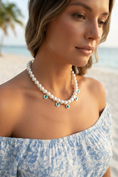 evimdeyokyok Natural Pearl-Looking Blue Stone Charm Necklace Tj-Bko11160