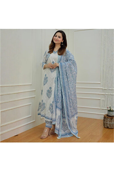 MYSMAR White Cotton Salwar Kameez Dupatta - ALV1007 | White-Size:XL-42-Inches