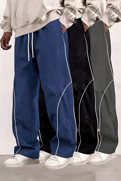 SERABLANKA 3-Piece Men's Oversize Sweatpants with Piping Detail, Wide Legs, C...
