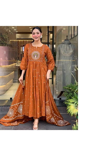 MYSMAR Orange Cotton Salwar Kameez Dupatta - ALV2065 | Orange-Size:XL-42-Inches