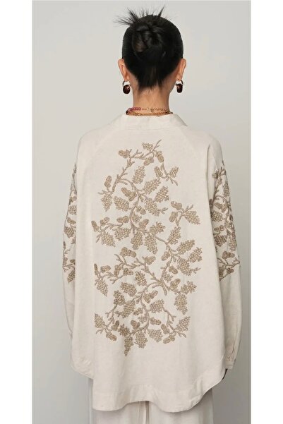 Hilals Butik Kadın Sırt ve Kol İşlemeli Bohem Tarz Natur Oversize Kimono
