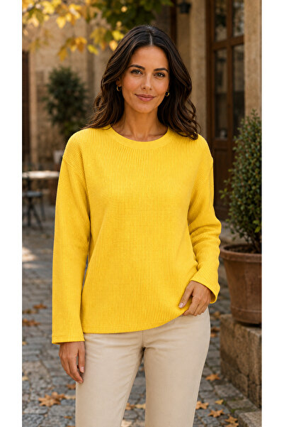 TREND EMMODA Women's Solid Color Simple Waffle Textured Round Neck Sweatshirt