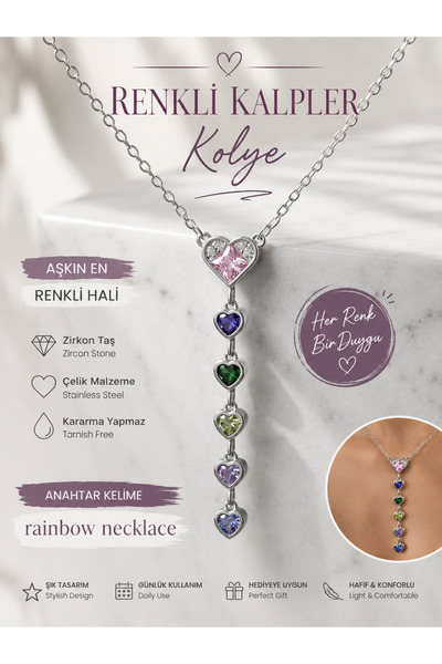 Nior lifestyle Silver Color Steel Y Necklace, Colorful Heart Zircon Stone Dan...