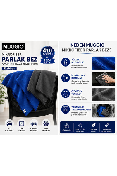 Muggio 50x70 Mikrofiber Parlak Bez 4'lü Avantaj Seti | Oto Kurulama & Temizlik Bezi, Süper Emici, İz Tüy Hav Bırakmaz