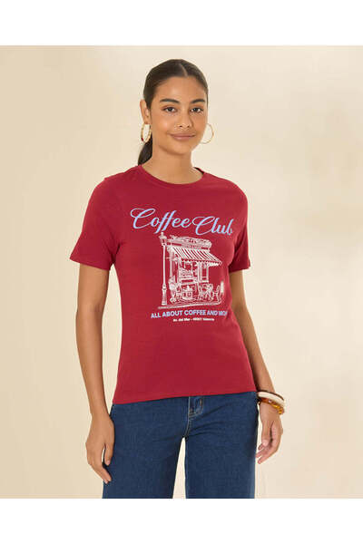 REDTAG Women Burgundy Graphic T-Shirt
