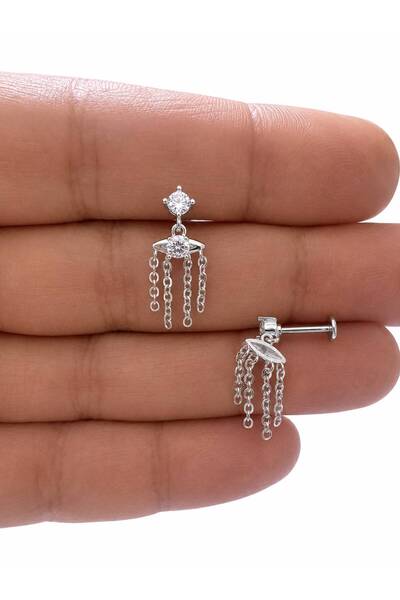 Arescollection 1 ADET ZİRKON TAŞLI ZİNCİR SALLANTILI HELİX FLAT LOBE UYUMLU PİERCİNG