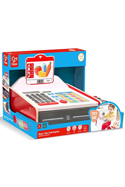 Hape Casa de marcat din lemn Toys, set 23 piese, cu scaner, 23x14x21cm, multi...