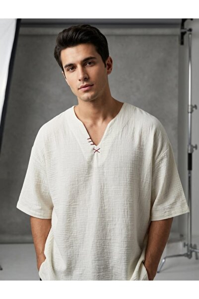 charango Men's Linen Look Hand-Stitched Bohemian Casual Ethnic T-Shirt