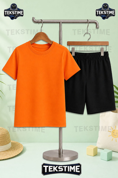 TEKSTIME Unisex Çocuk Tişört - Şort Takım Sade Model Baskısız Bisiklet Yaka