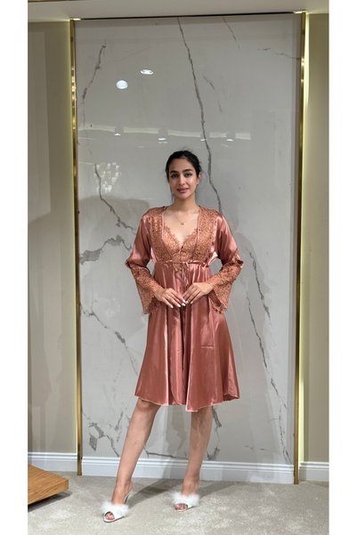 DAWN LİNE 6 Piece Satin Waist Lace Dowry Suit Short Nightgown Dressing Gown Pajama Set |   Shorts Set Nightgown Pajama Set