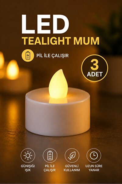 TrendDeco Dekoratif Pilli LED Tealight Mum Günışığı Renk (3 Adet)