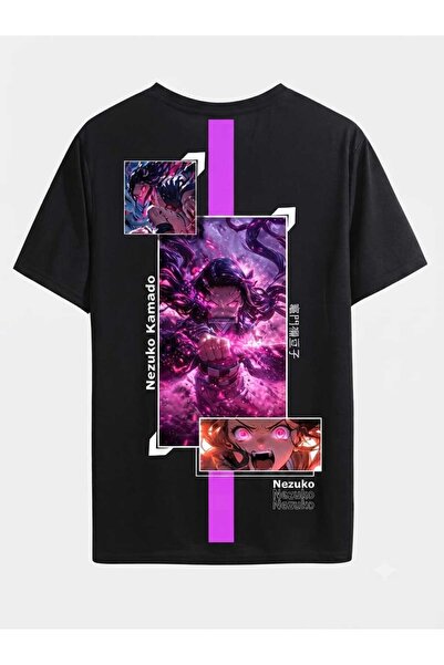 classy moda Tricou negru oversize unisex cu imprimeu cu personaje anime