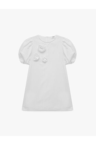 Koton Cotton Crew Neck A-Line Dress with Floral Detail and Balloon Sleeves