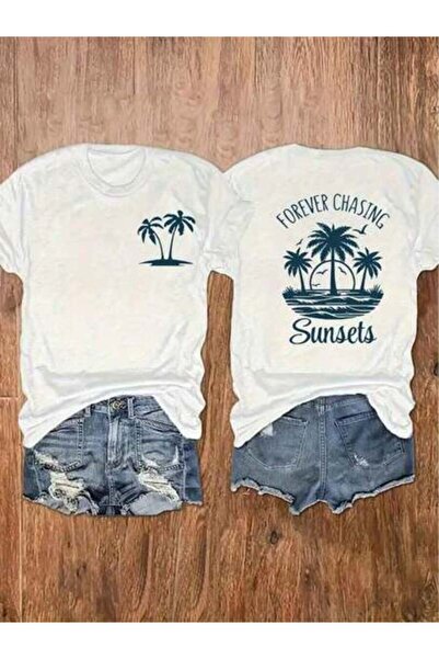 9TAY Unisex Round Neck Short-Sleeve T-Shirt With Palm Tree Sunset Pattern, An...