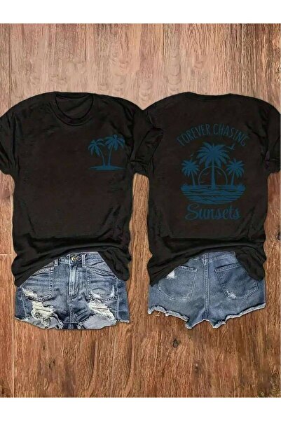 9TAY Unisex Round Neck Short-Sleeve T-Shirt With Palm Tree Sunset Pattern, An...