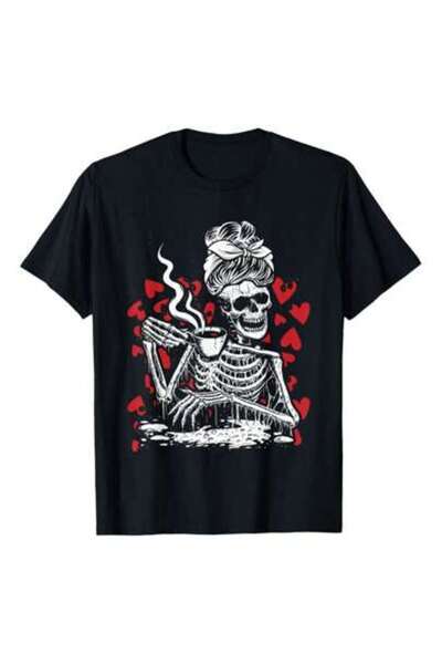 Astogria13 تي شيرت Skeleton Messy Bun Drink Coffee Valentines Day Bones Love،...