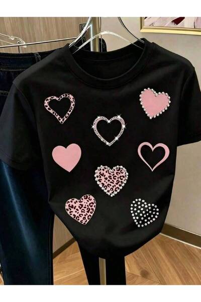 45 BPM Ms. Summer Casual Heart-Shaped Pearl Printed Crew Neck Short Sleeve Wh...