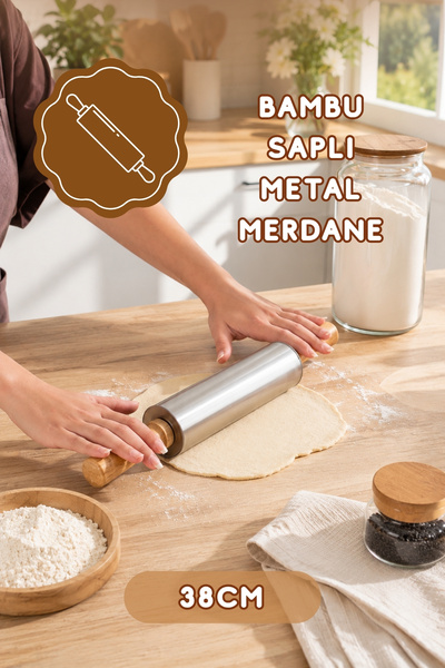 Porsima Mnb05772 Ahşap Saplı Paslanmaz Çelik Merdane Oklava Hamur Pizza Börek...