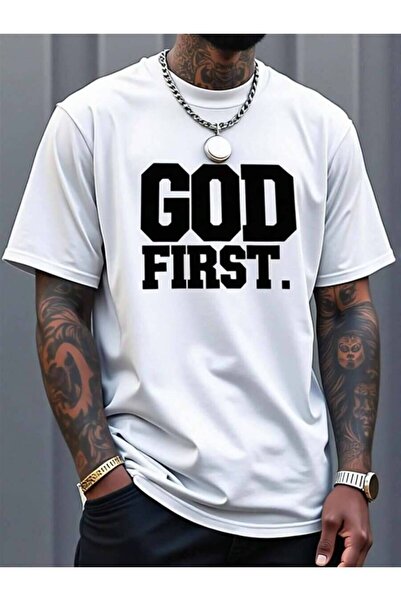 29CUN تي شيرت رجالي بمقاسات كبيرة مطبوع عليه God First |   تي شيرت أبيض كاجوا...