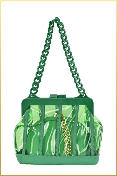 birizmoda Geantă cu lanț gros pentru femei Mist, verde, cu aspect transparent...