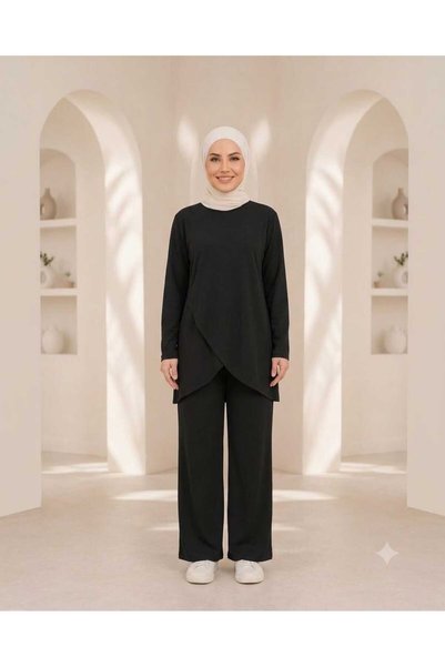 silarose Women's Modal Fabric Comfortable Fit Elastic Waist Two-Piece Hijab Set Bottom Top with Special Detail on the Front Trendy Style