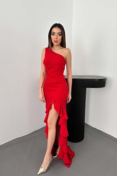 Moda Days Women's Red Maxi Dress with One Shoulder and Slit with Ruffles