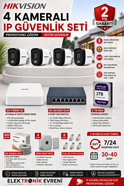 Hikvision 4 Kameralı IP Güvenlik Kamera Seti 2 MP Sesli Gece Görüşlü 2TB HDD ...